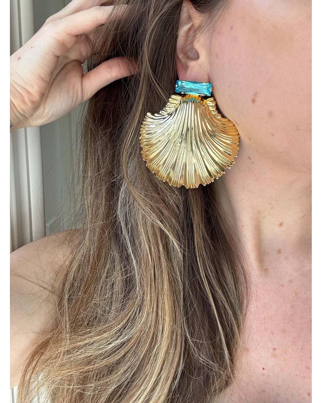 Laura Gray Green Large Aqua Crystal Shell Earrings