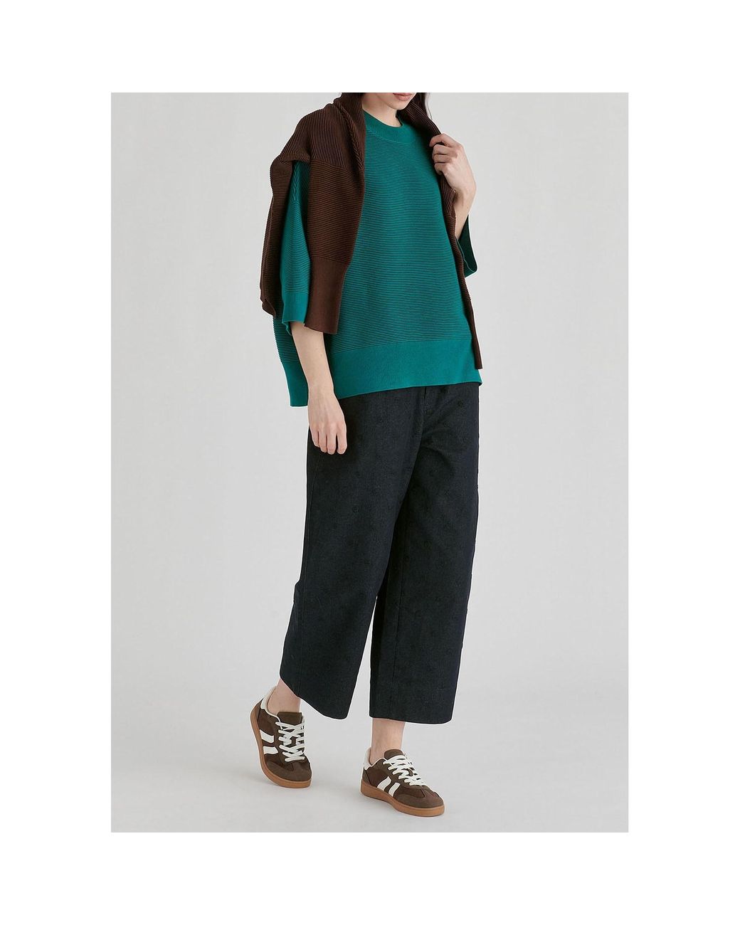 Paisie Green Mock Neck Cropped Sleeve Ribbed Jumper