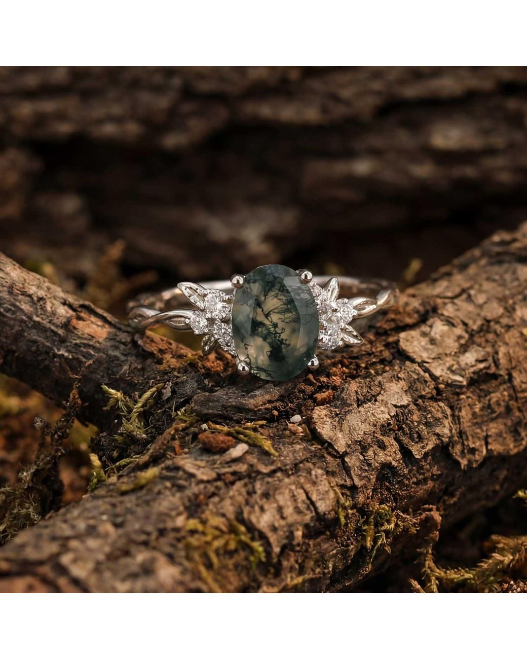 Azura Jewelry New York Green Enchanted Garden Moss Agate Ring Solid