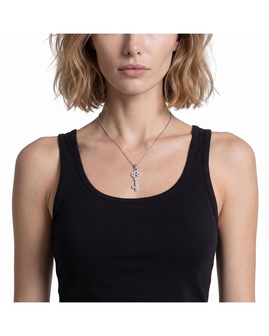 Modenaire Metallic Rhinestone Key Pendant Necklace