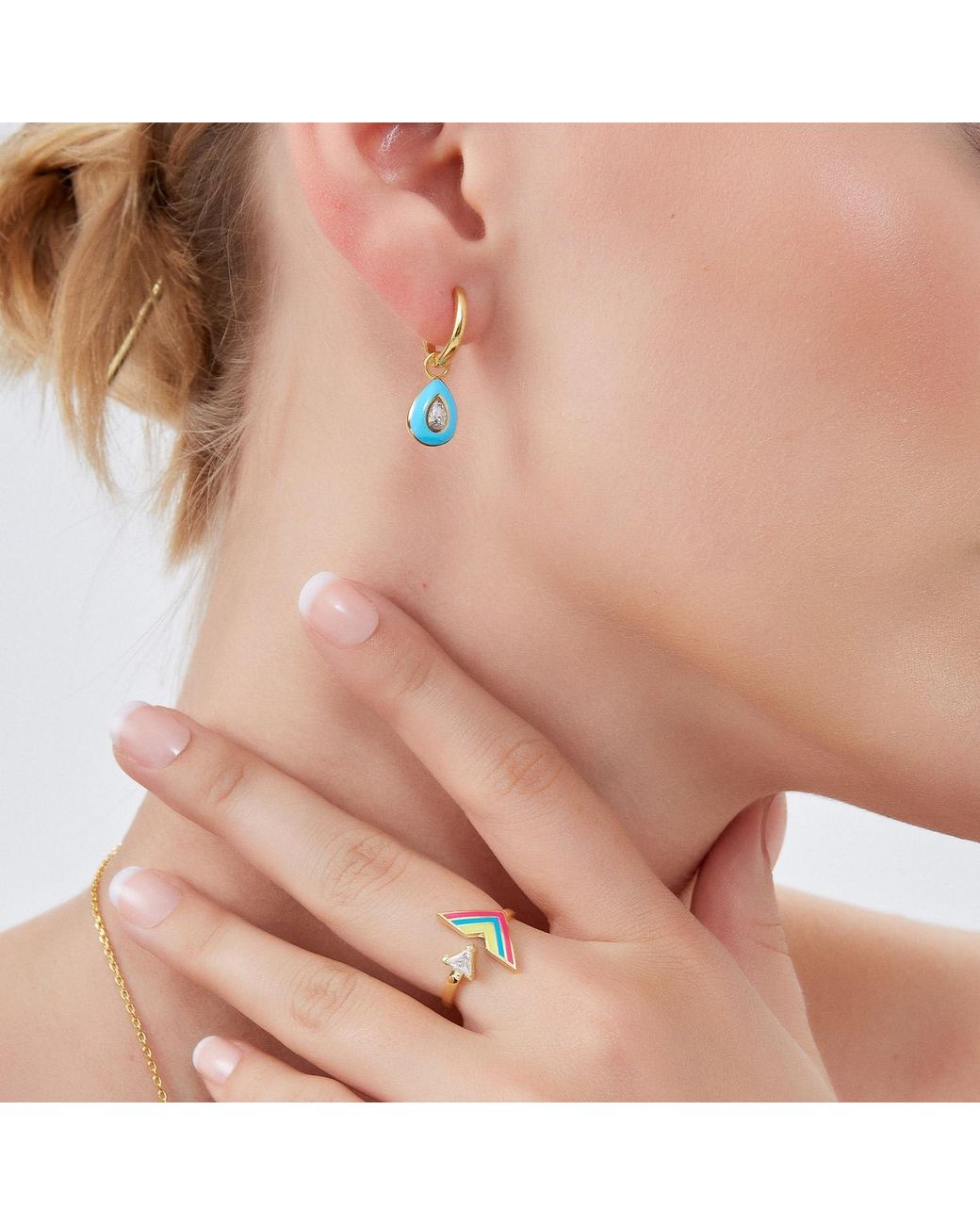 Spero London Blue Enamelled Jewelled Sterling Drop Hoop Earring