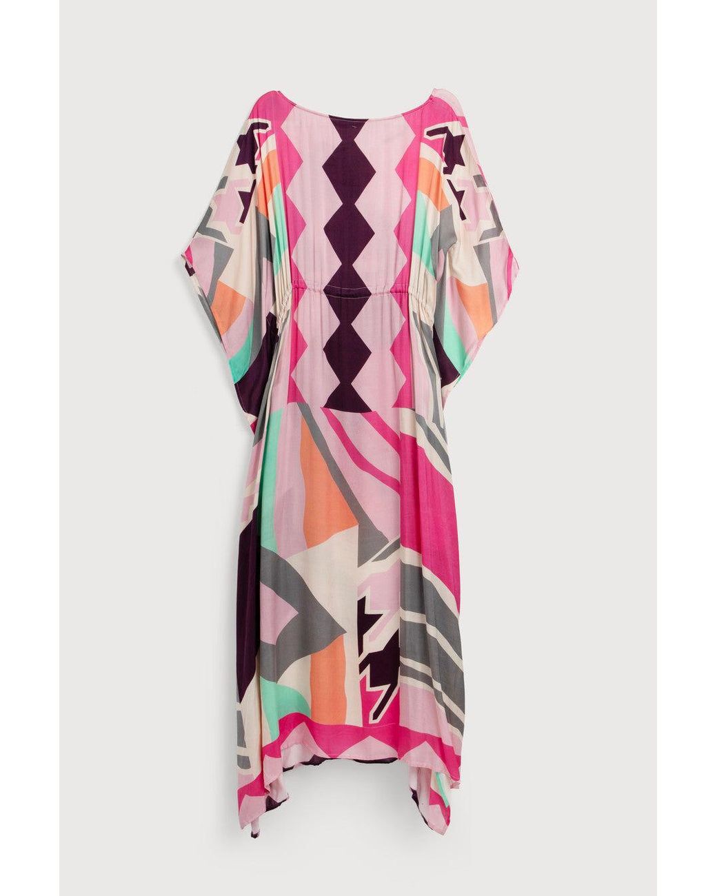 Saachi Pink Multicolored Geo Tie Waist Keyhole Kaftan