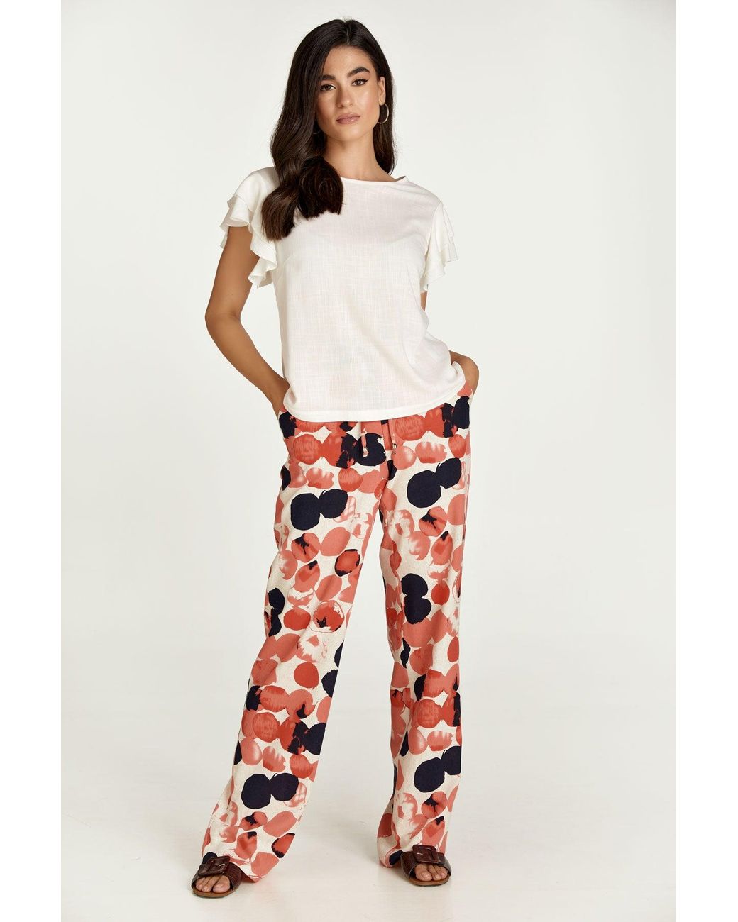 Conquista Red Apricot Print Linen Style Wide Leg Pants