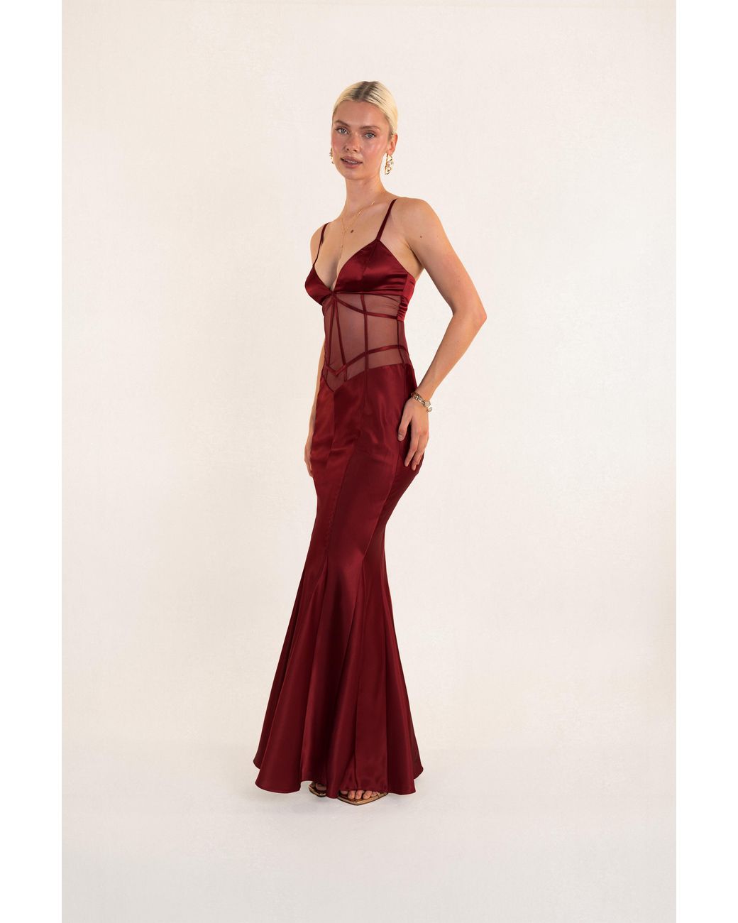 Clerestory Red Amarante Satin Bias Mesh-Waist Maxi Dress