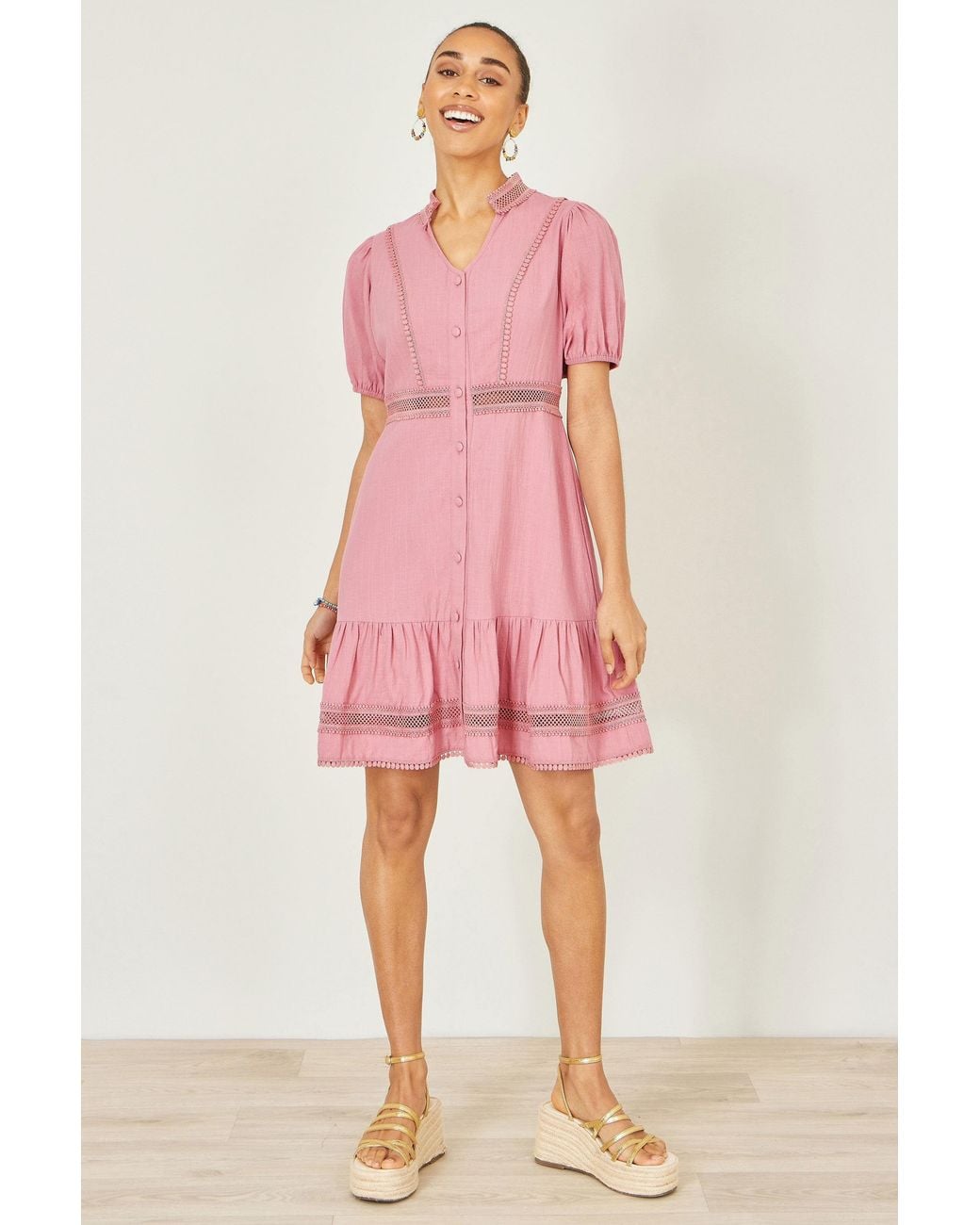 Yumi' Pink Cotton Lace Trim Skater Shirt Dress