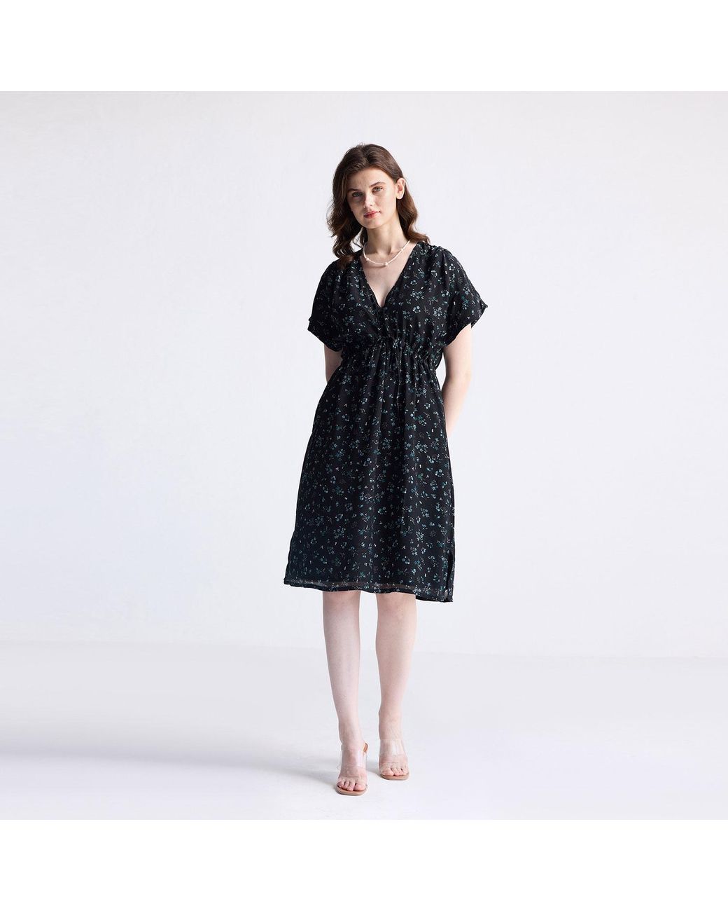 REISTOR Blue Gathered Knee-Length Dress