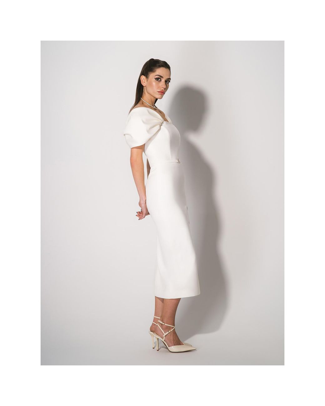 Tia Dorraine White Mirage Crystal Ornament Midi Dress, Pearl