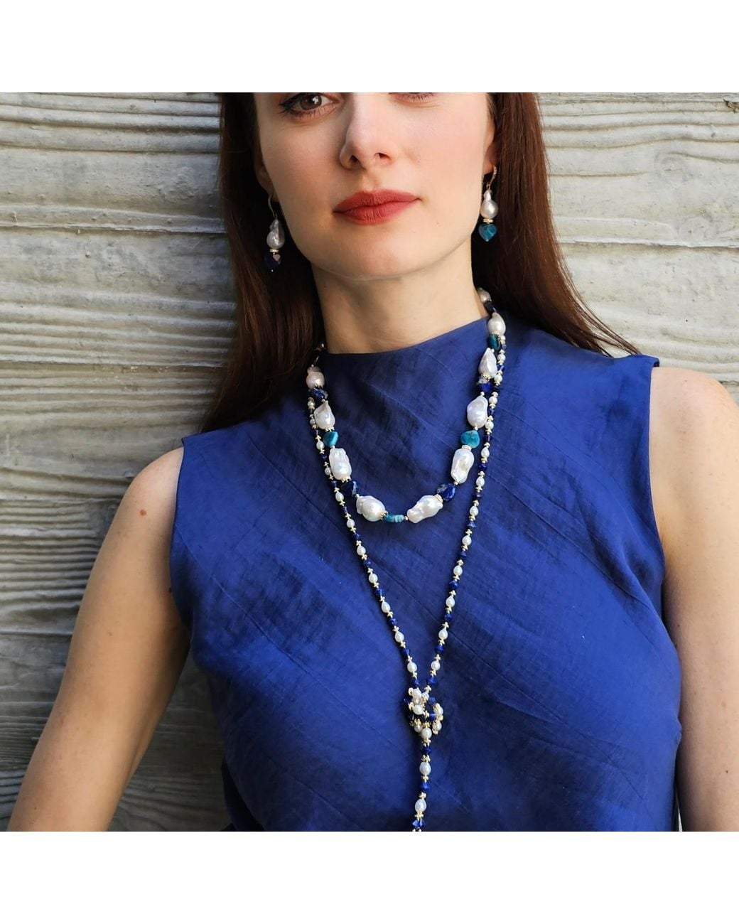 Farra Metallic Pearls And Lapis Versatile Long Necklace
