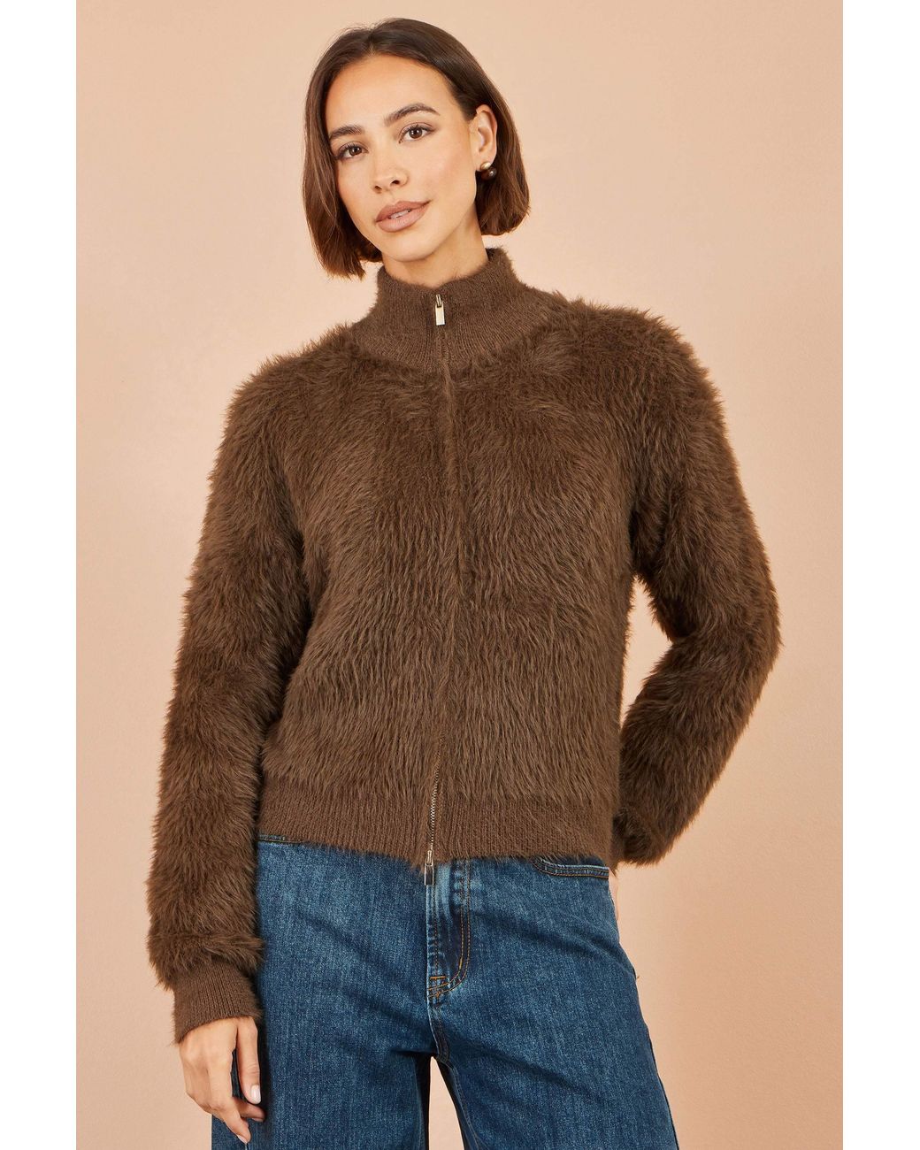 Yumi' Brown Eyelash Zip Knitted Jacket
