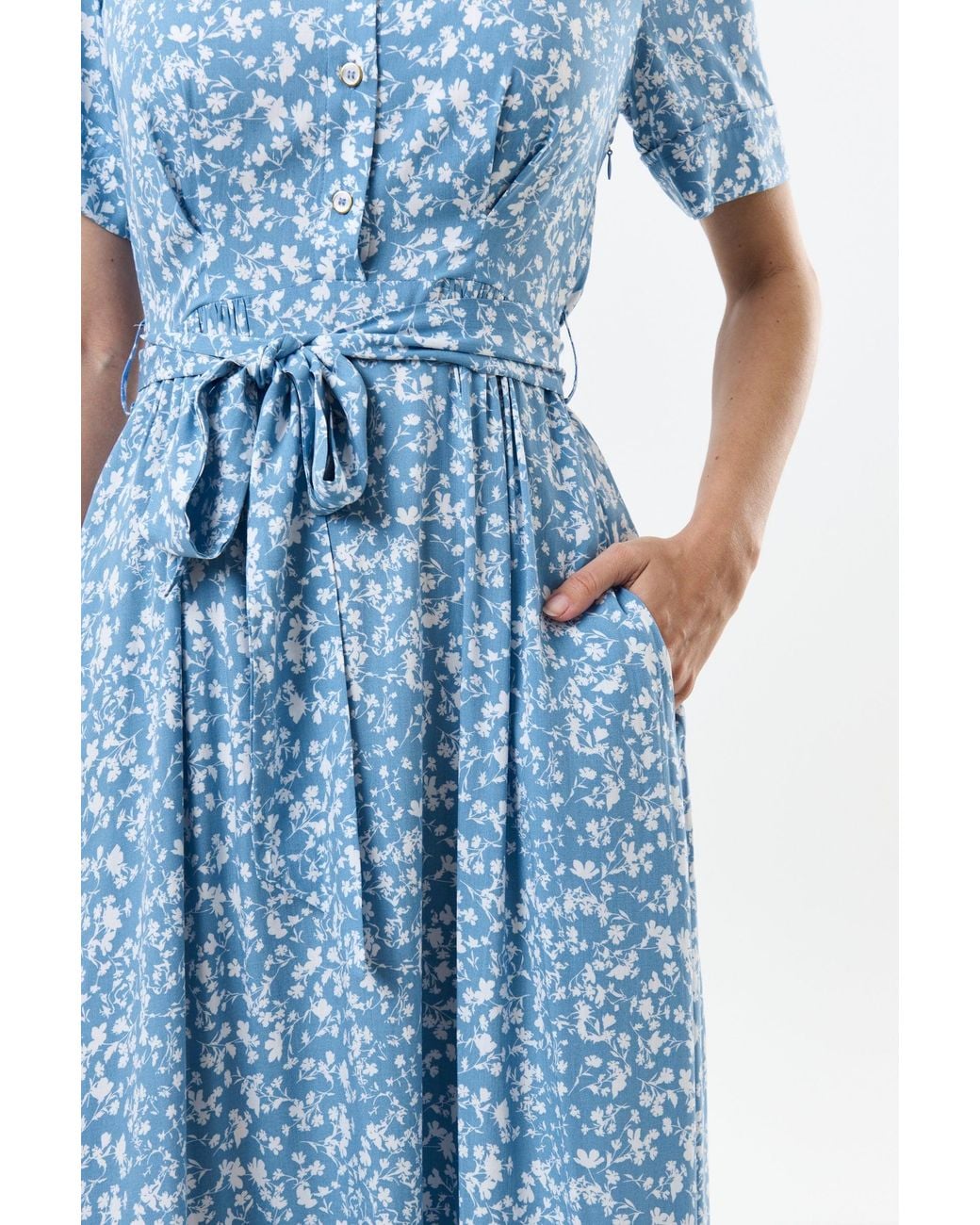 Louche Blue Inesa Negative Floral Print Short Sleeve Midi Shirt Dress