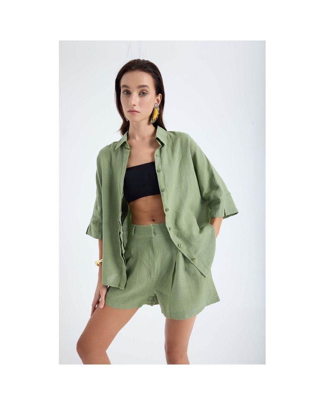 Monlicia Green Iyan Linen Oversize Standart Size Shirt