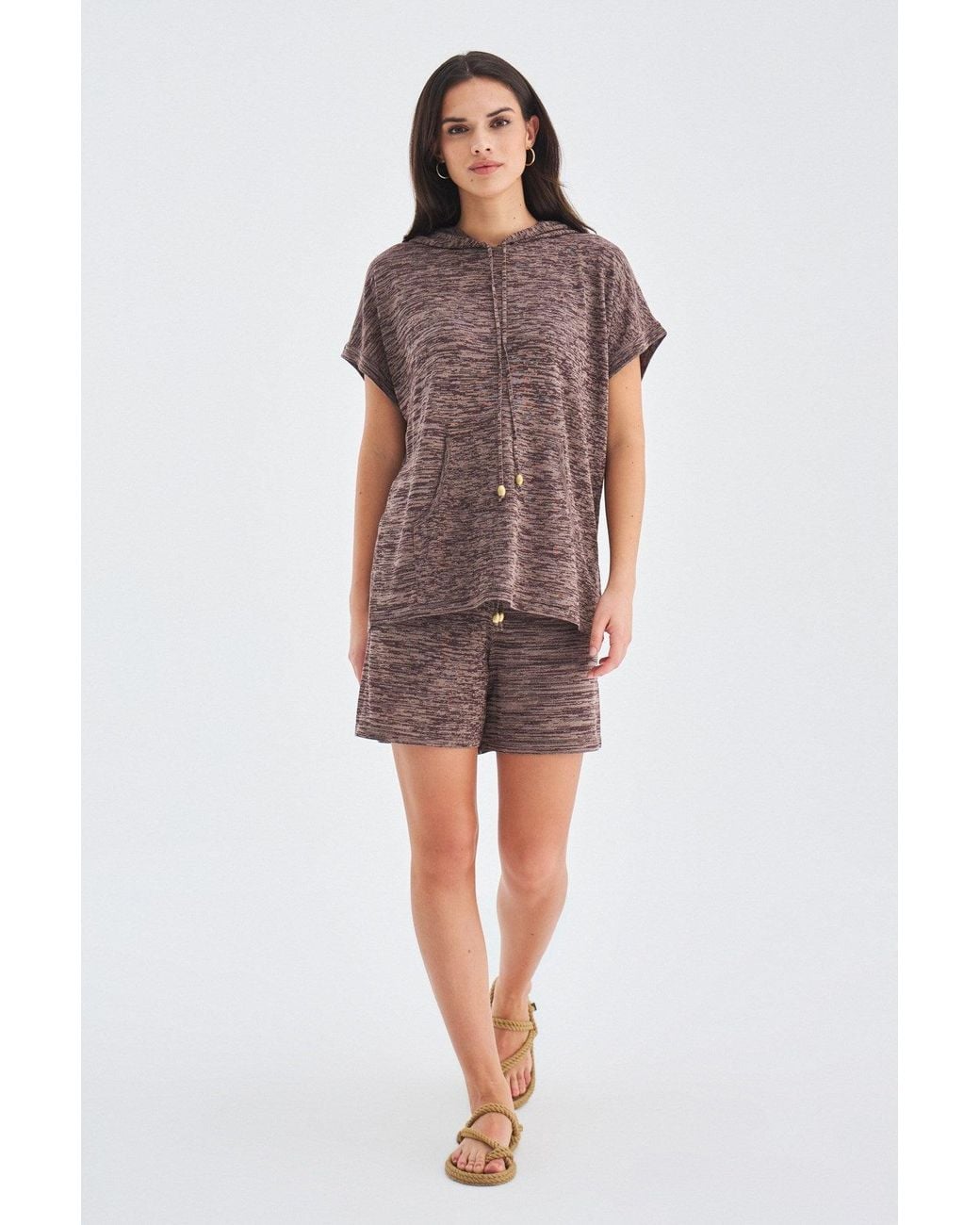 Peraluna Gray Kaira Knitted Hooded Blouse & Shorts Matching Set