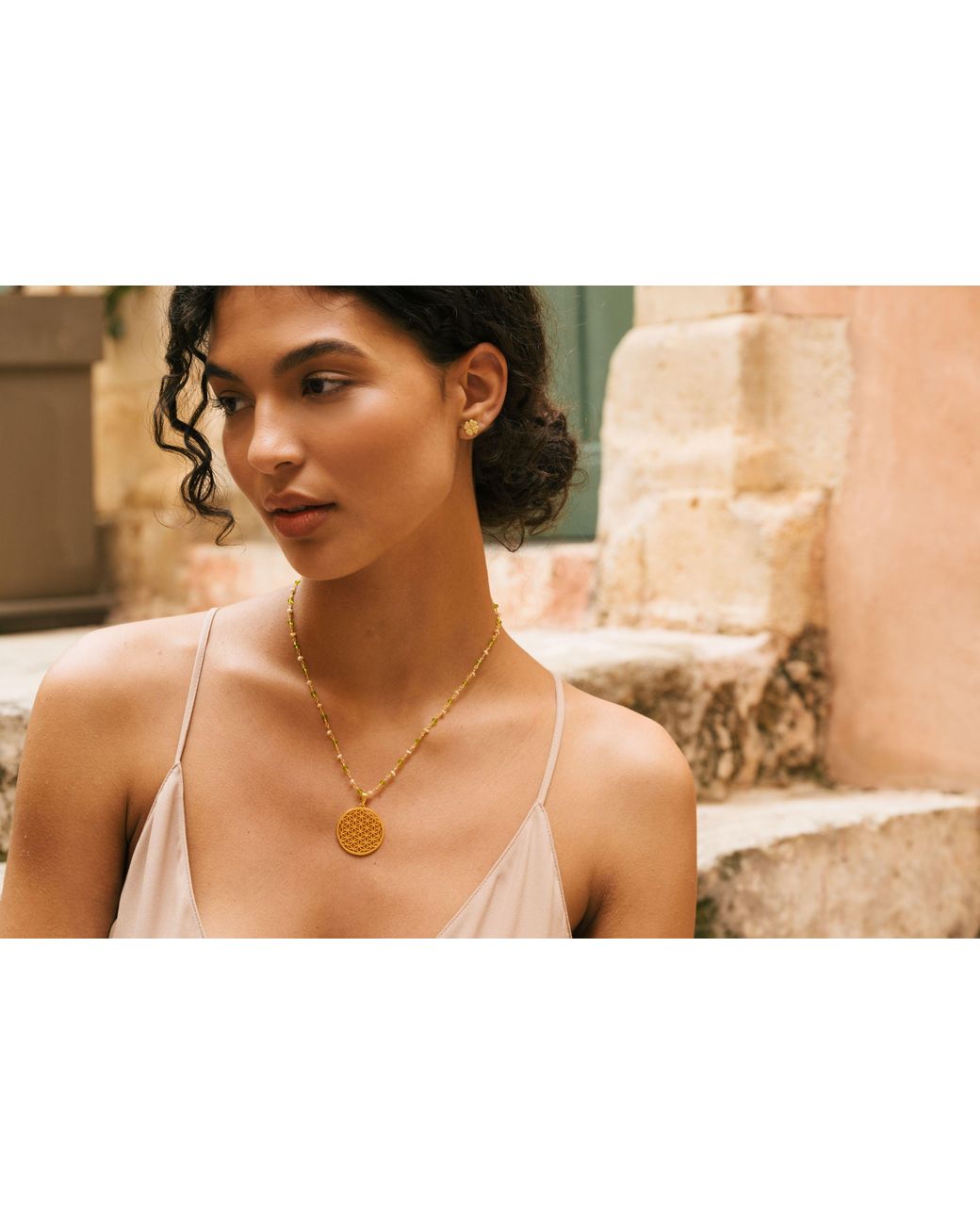 Seven Saints Metallic Divine Life Force Flower Of Life Necklace, Pearl And Peridot