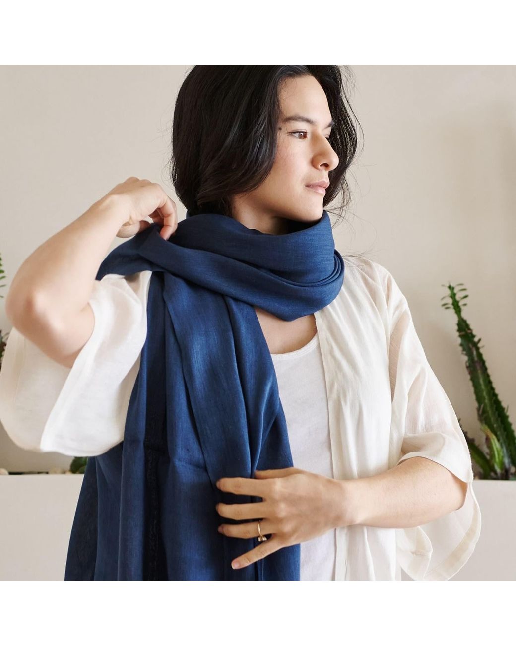 Variously Blue Midnight Hand Woven Linen Silk Blend Scarf
