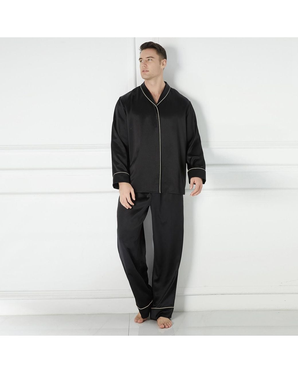 Soft Strokes Silk Black Daffodils Pure Silk Long Sleeve Pyjama Set For for men