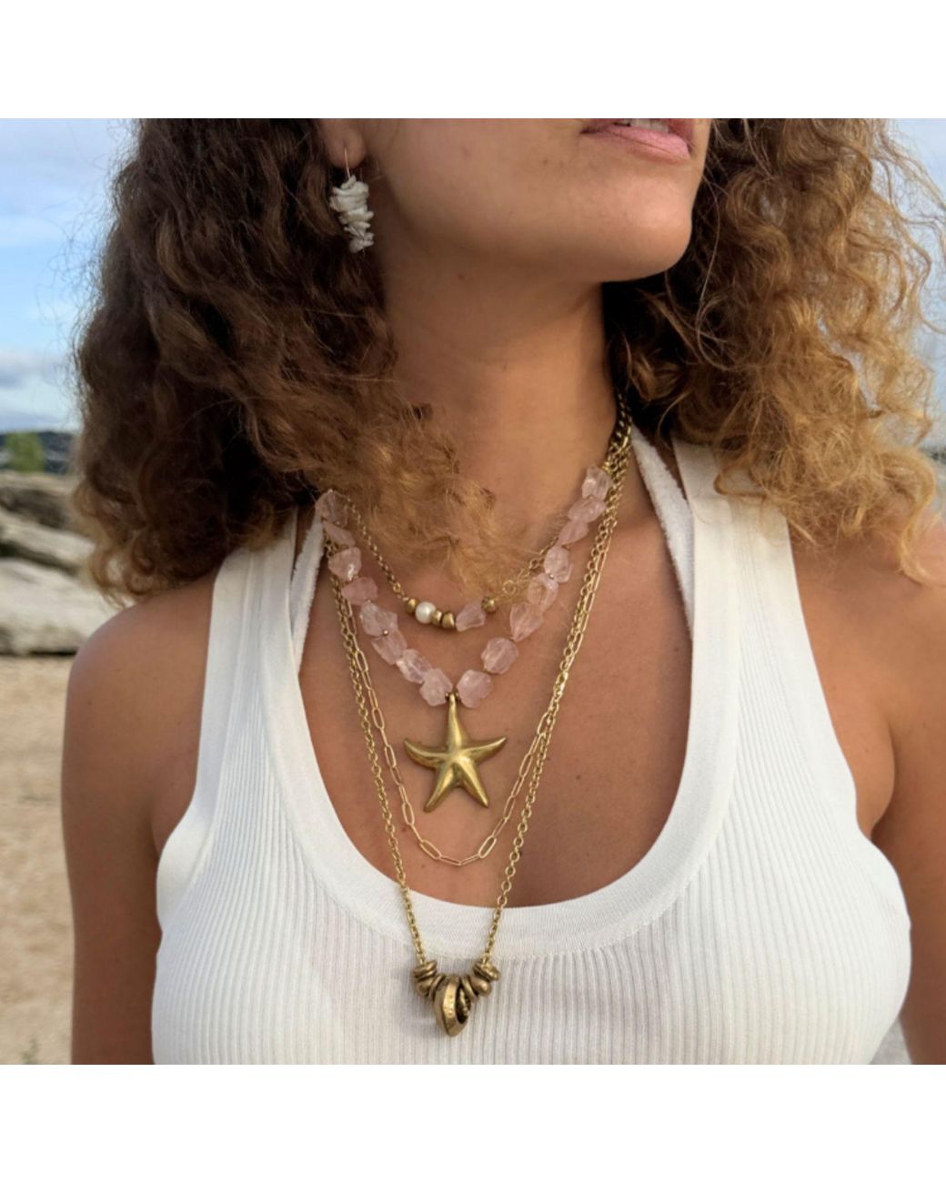 Rachel Nathan Metallic Raw Rose Quartz & Starfish Necklace
