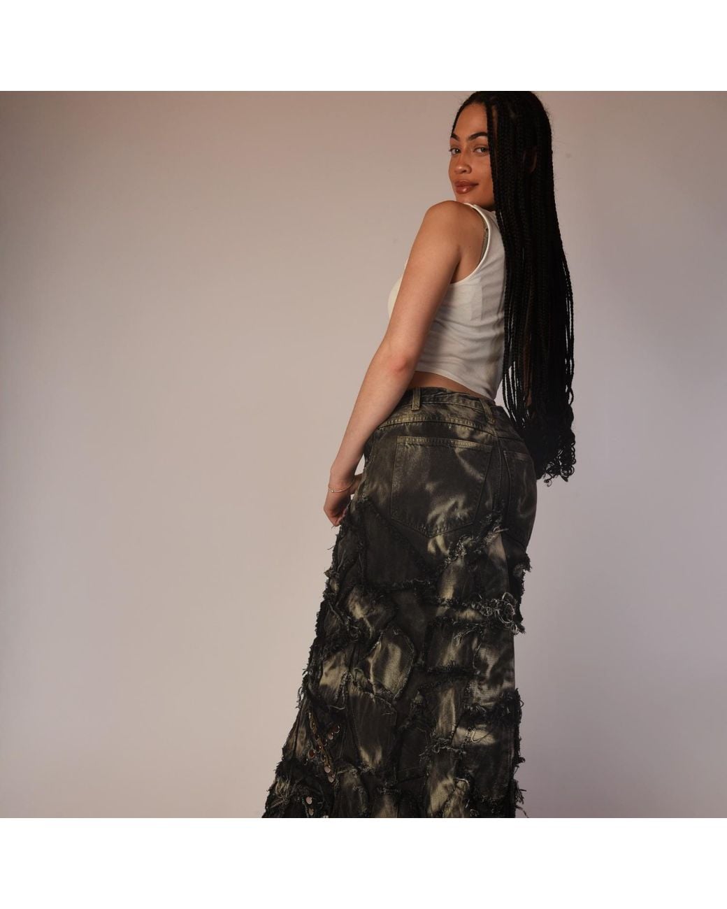 Zasta Studio Gray Shred Couture Studded Denim Skirt H