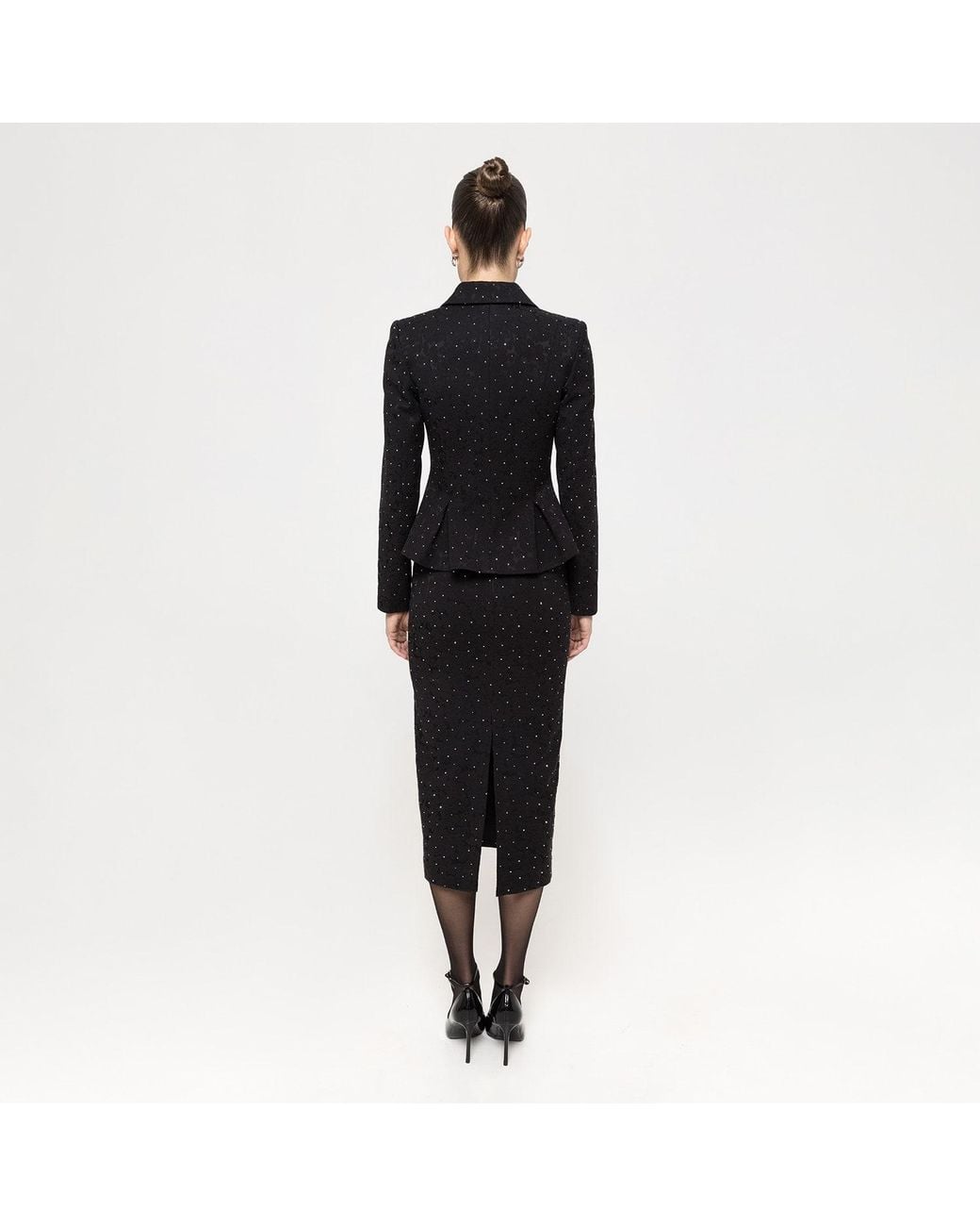 Nissa Black Rhinestone-Embellished Brocarde Blazer