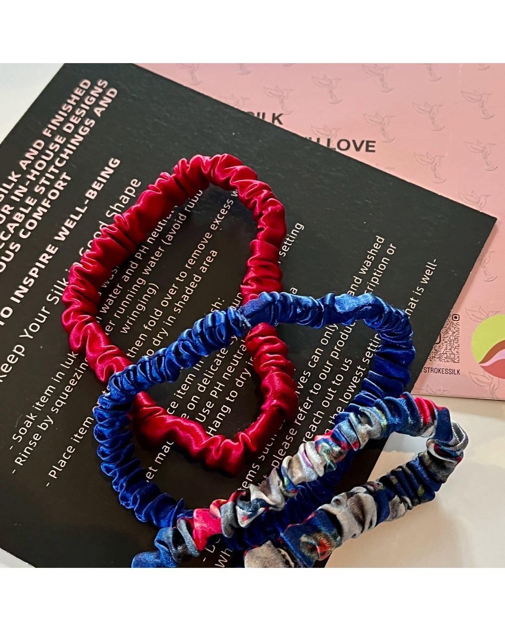 Soft Strokes Silk Blue Set Of Three Pure Mulberry Silk Skinny Scrunchies Weekly Special Hair Ties Midnight Garden