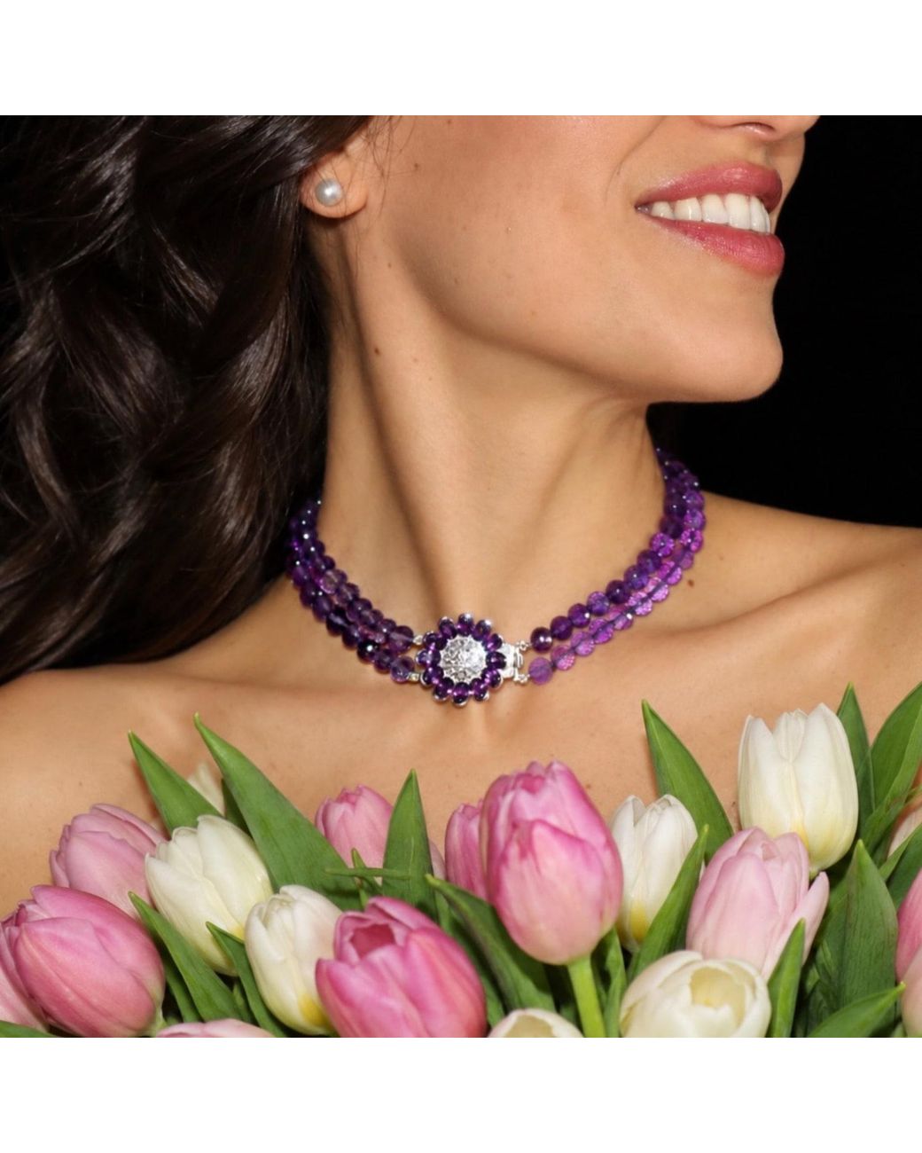 Mineralgems•Studio Purple Two-Strand Amethyst Choker With Floral Clasp