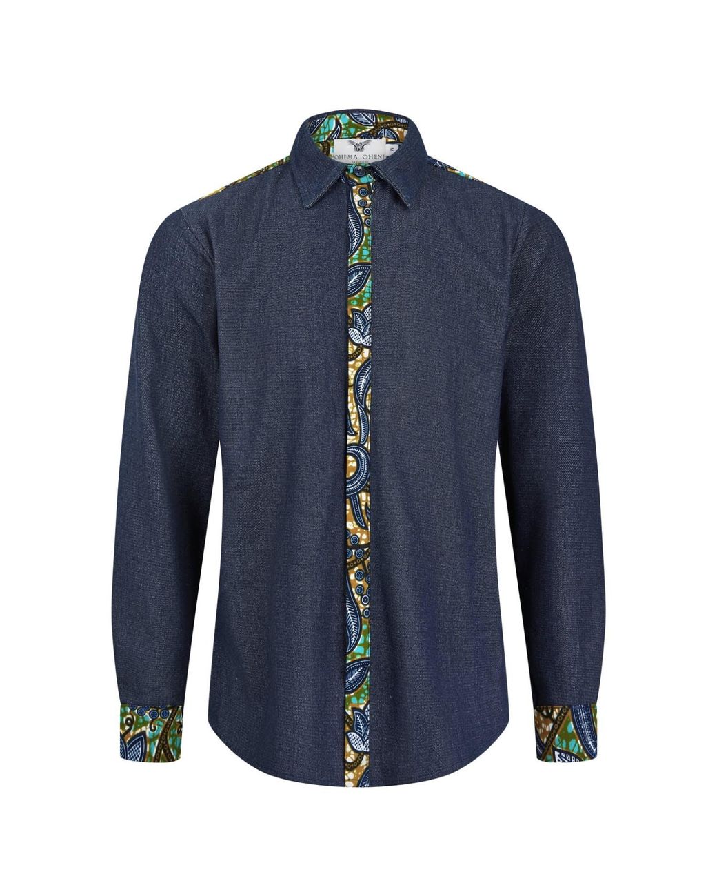 Ohema Ohene Blue Denim & African Print Cotton Shirt- Floral for men