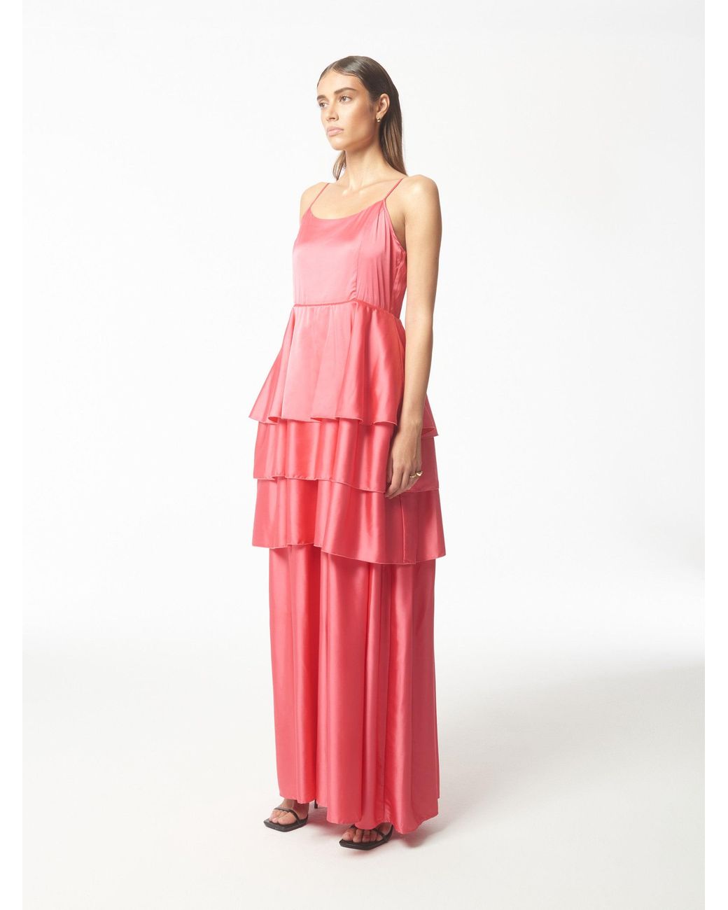 Sour Figs Tiered Ruffled Satin Maxi Dress