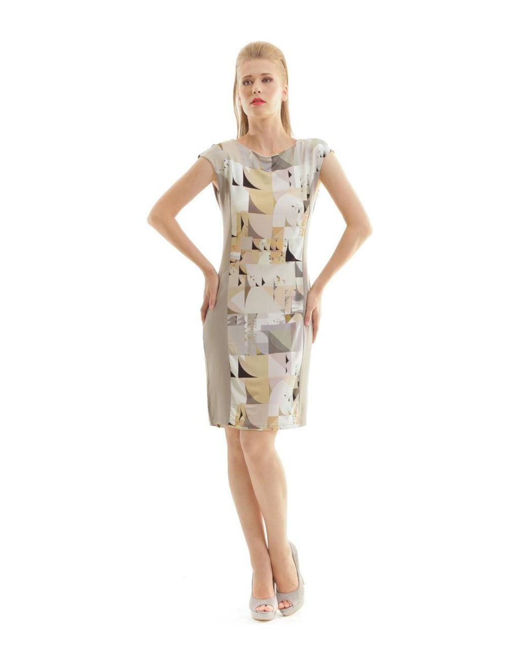 Conquista Metallic Neutrals Geometric Print Dress