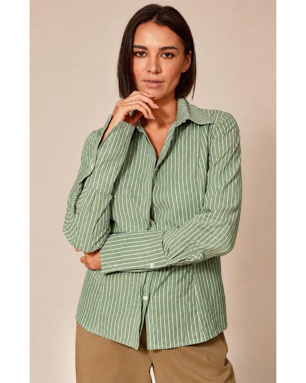 Gunda Hafner Ltd Green And Striped Linen Cotton Blend Shirt