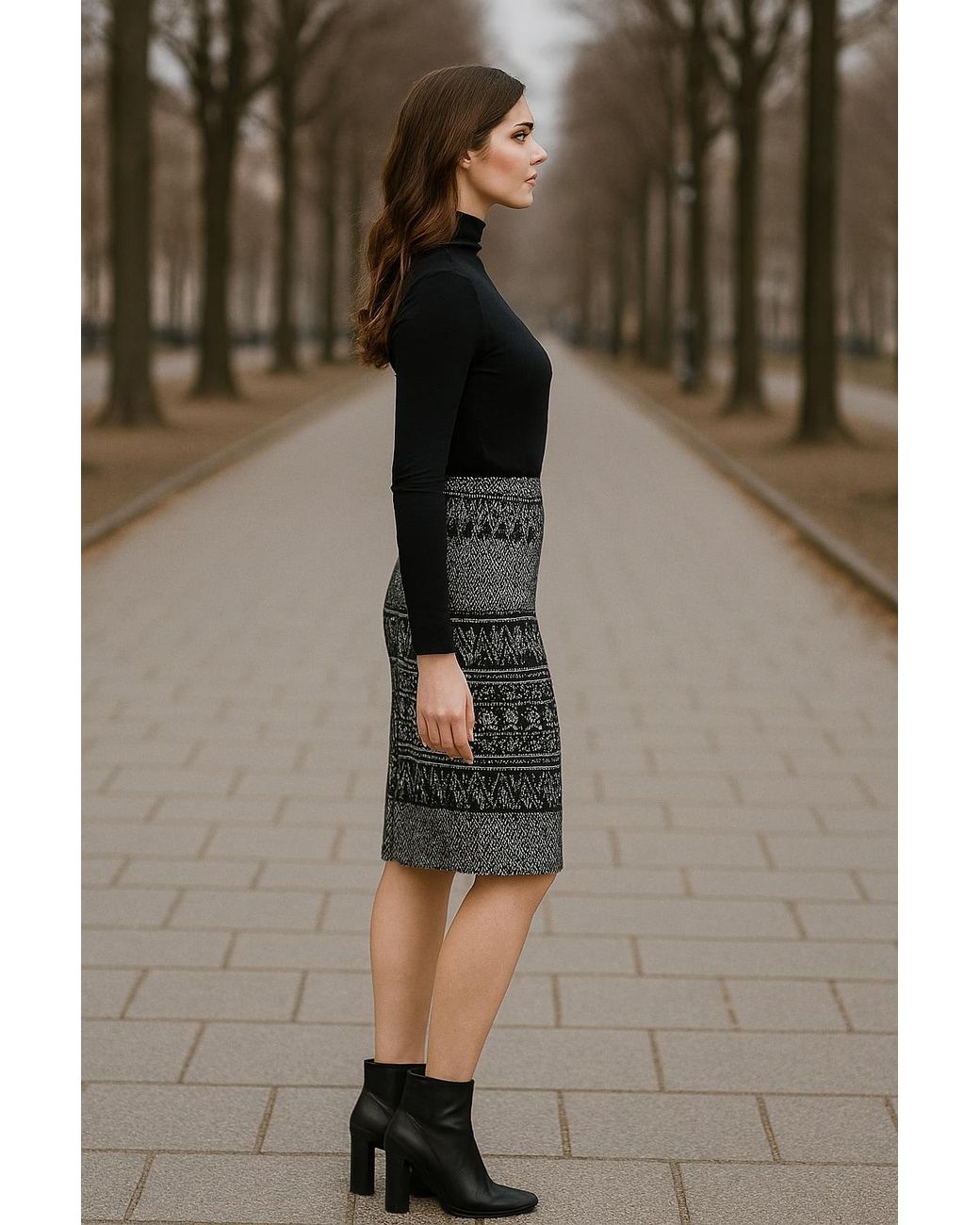 Conquista Gray Below-Knee Leopard Print Elastic Gabardine Pencil Skirt