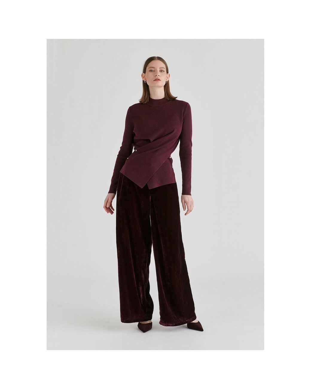 Paisie Purple Wrap Front Knit Top With Mock Neck And Button Detail