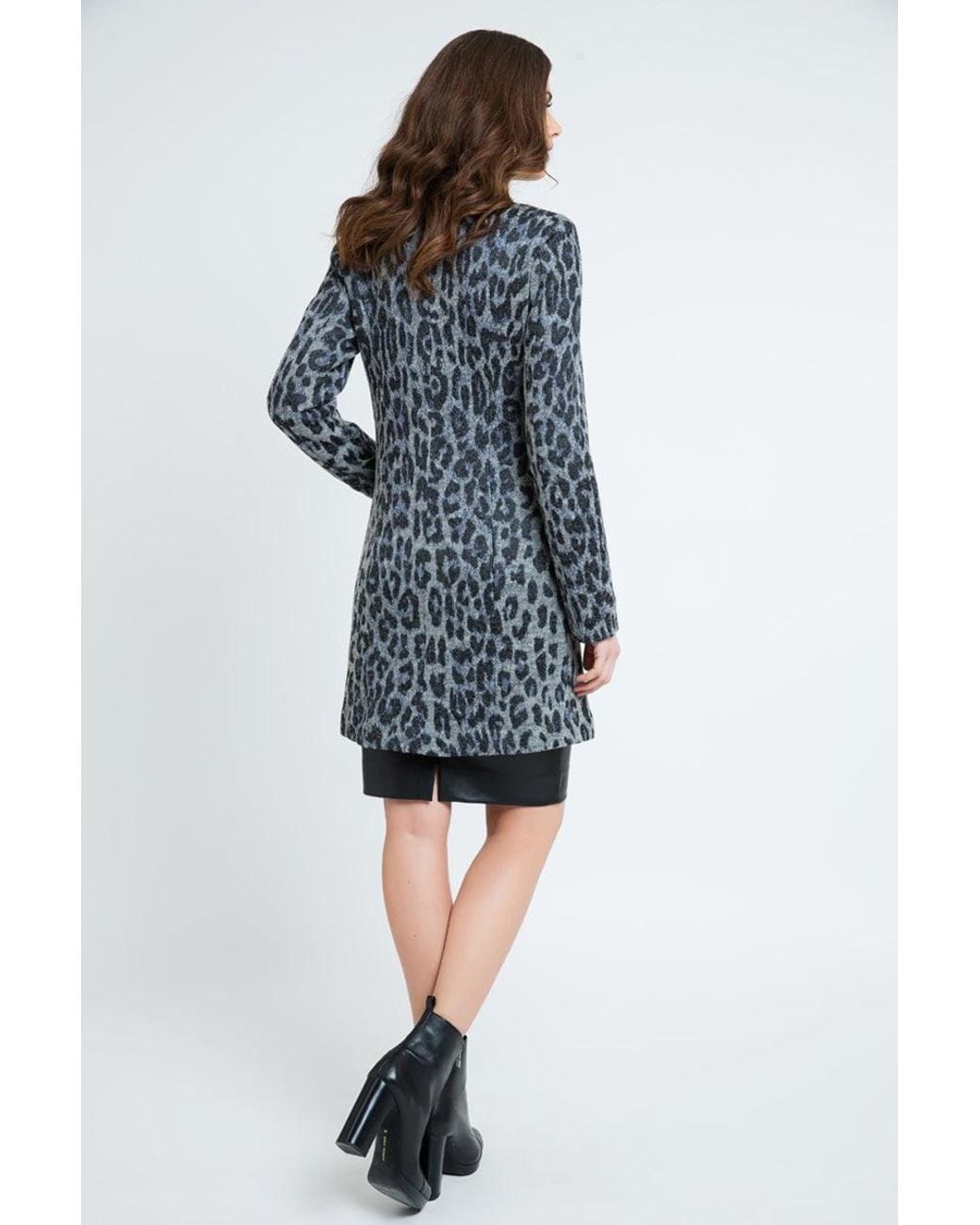 Conquista Black Animal Print Coat With Pleather Detail