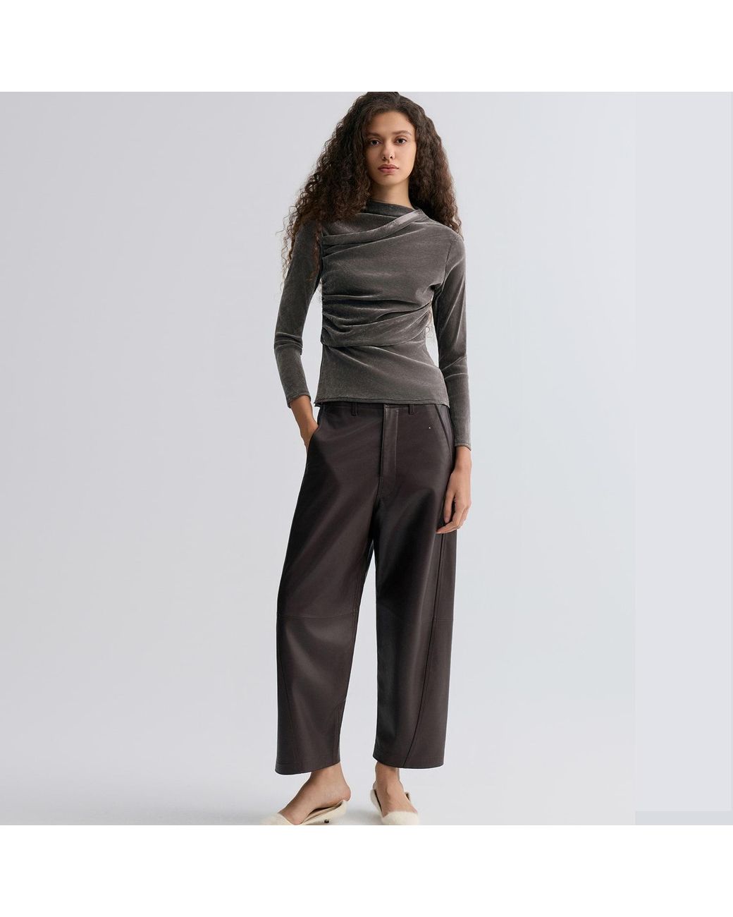 FRONT ROW SHOP Gray Velvet Mesh Asymmetric Draped Top