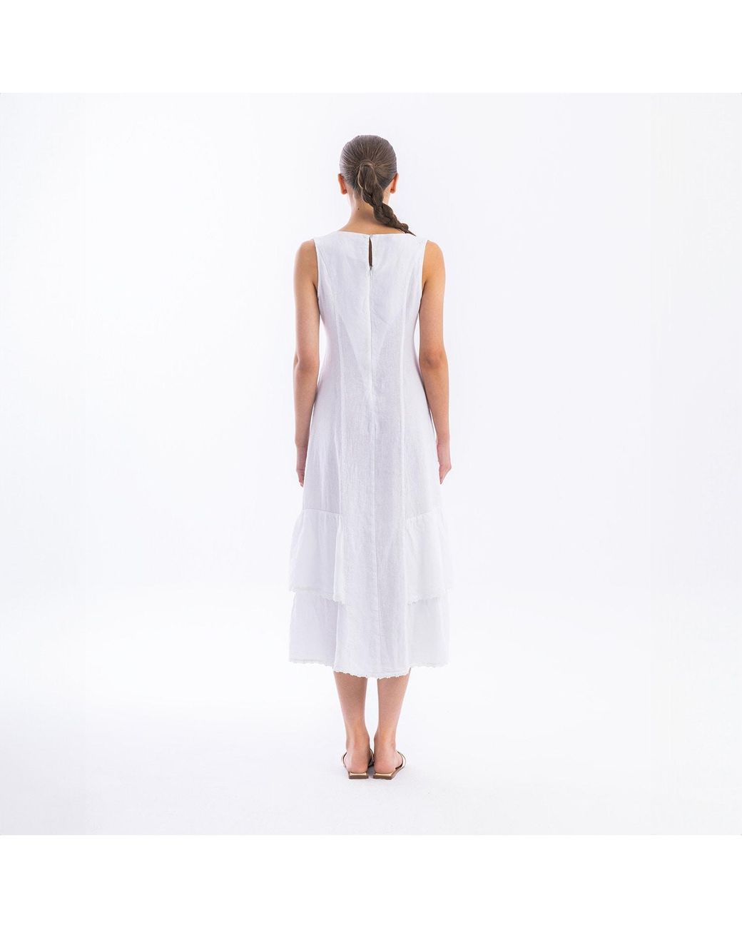 Haris Cotton White Linen Maxi Sleeveless Dress With Lace Trim Details And Ruffles