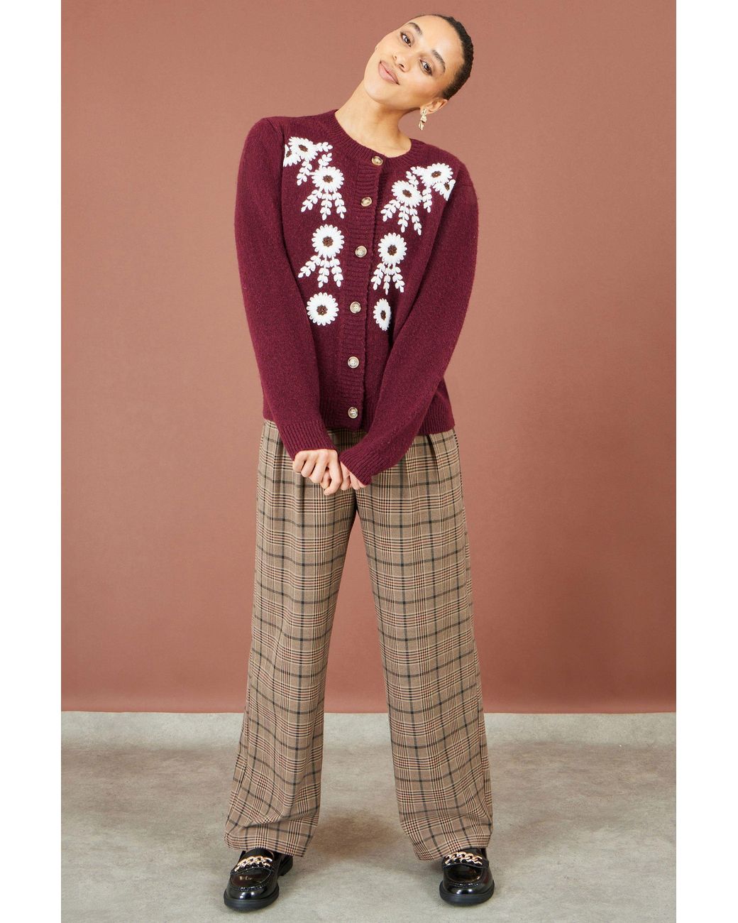 Yumi' Purple Burgundy Floral Embroidered Cardigan