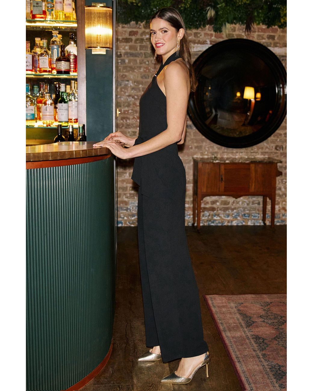 Yumi' Black Cross Over Halter Neck Jumpsuit