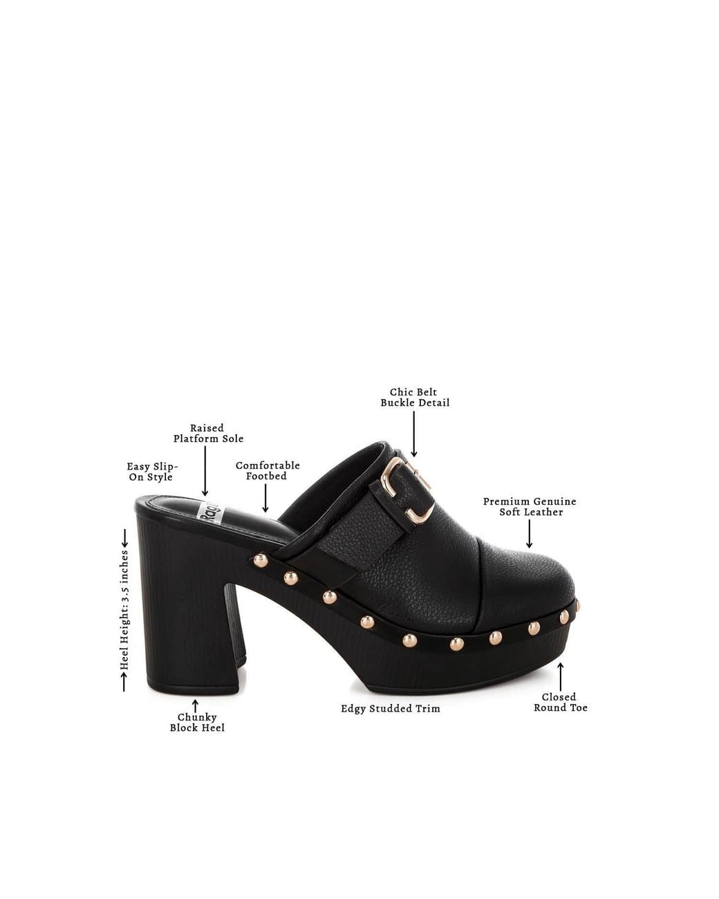 Rag & Co Black Septim Genuine Leather Studded Clog Heels
