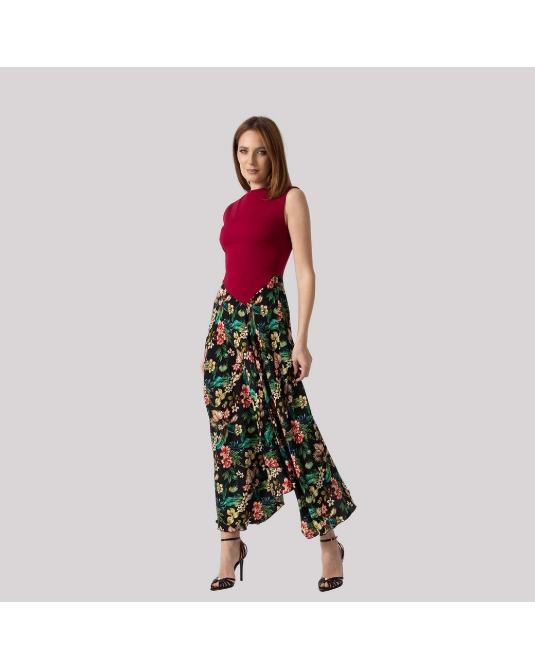 IZABELA MANDOIU Purple Two-Tone Burgundy Jersey Top Floral Midi Dress