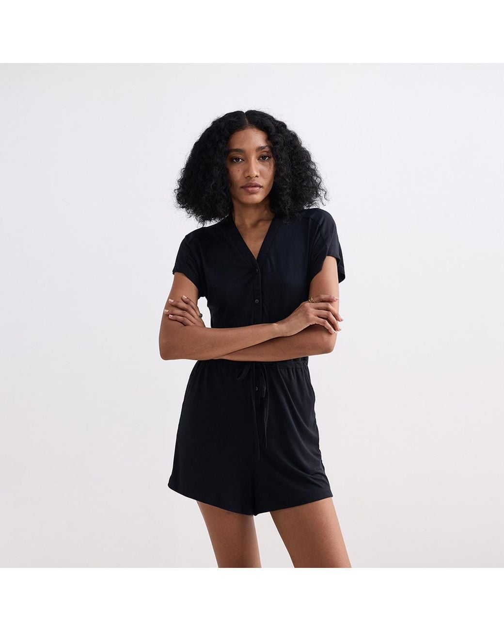 REISTOR Black V Neck Drawstring Knit Romper