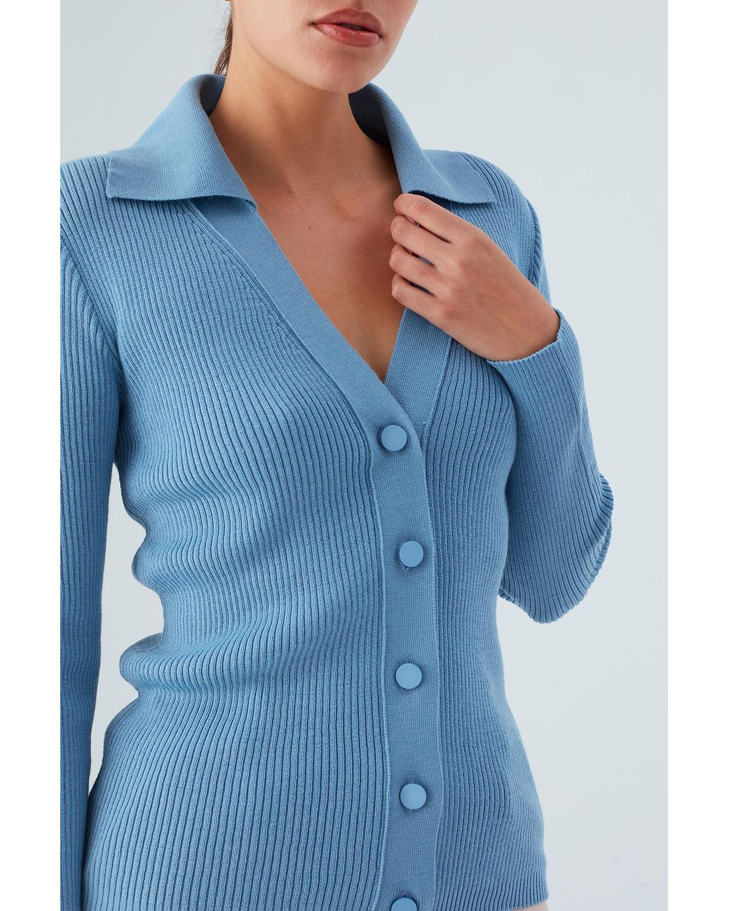 Peraluna Blue Polo V-Neck Ribbed Knit Cardigan