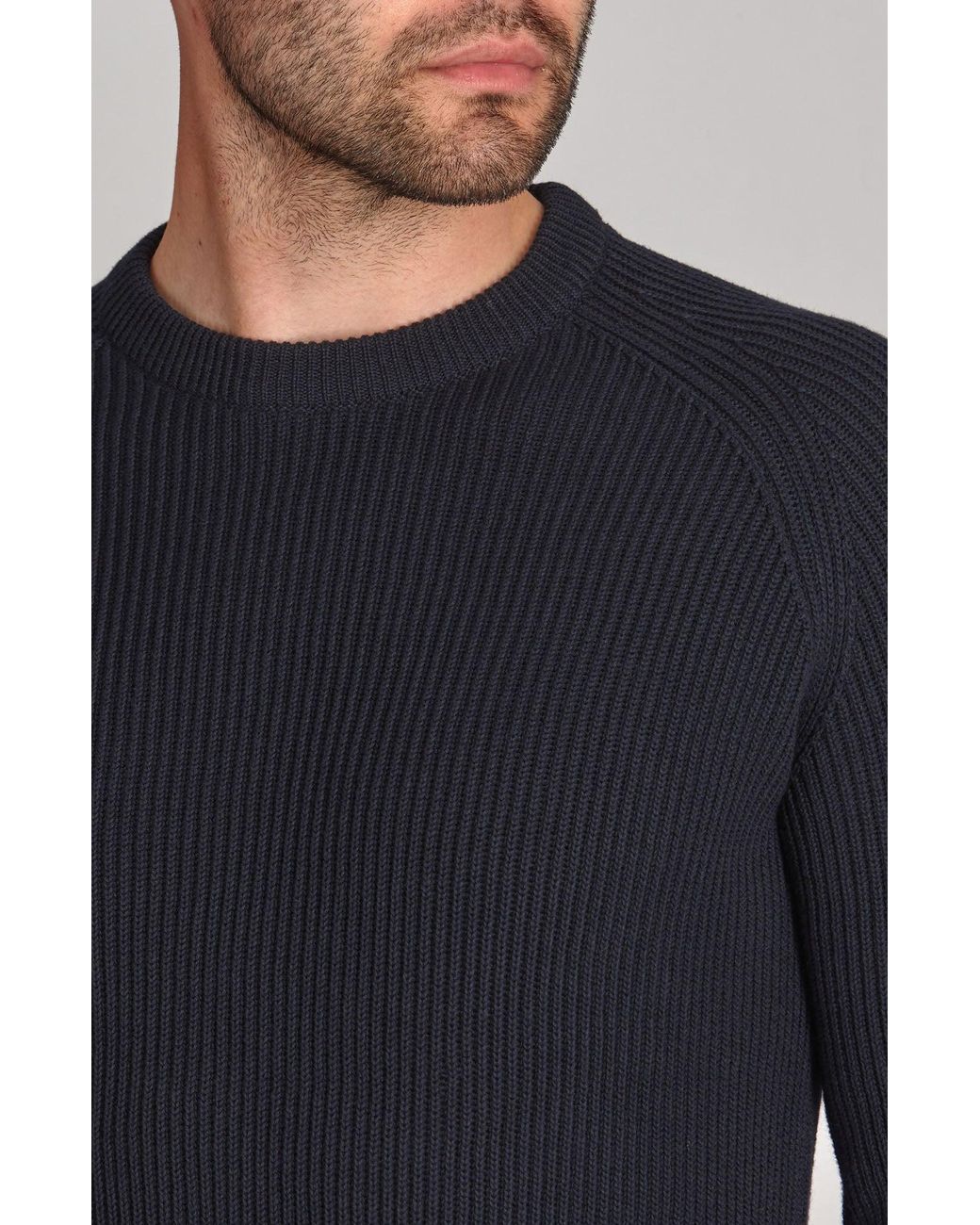 Paul James Knitwear Blue Midweight Cotton Logan Ribbed Crew Neck Jumper for men