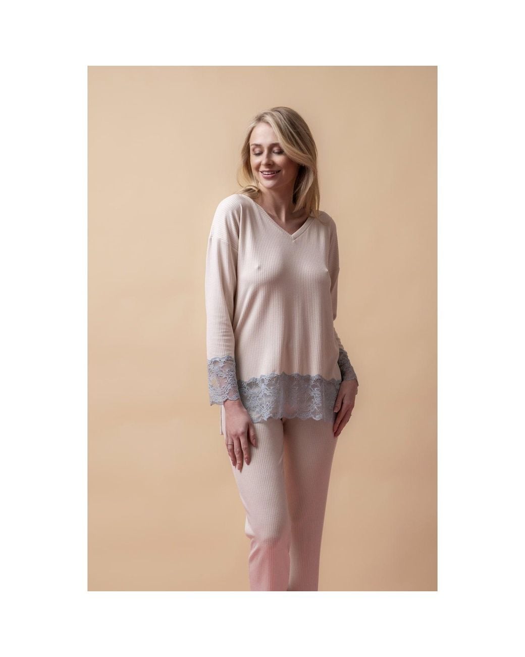 Oh!Zuza Pink Neutrals Santal Lace Trim Long Pyjama Set – Vanilla