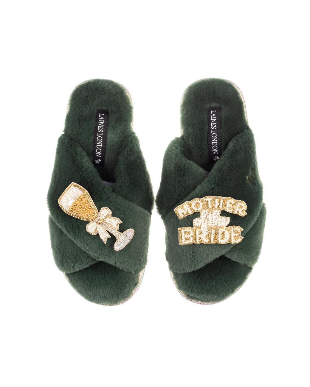 Laines London Green Classic Laines Slippers With Mother Of The Bride Brooches