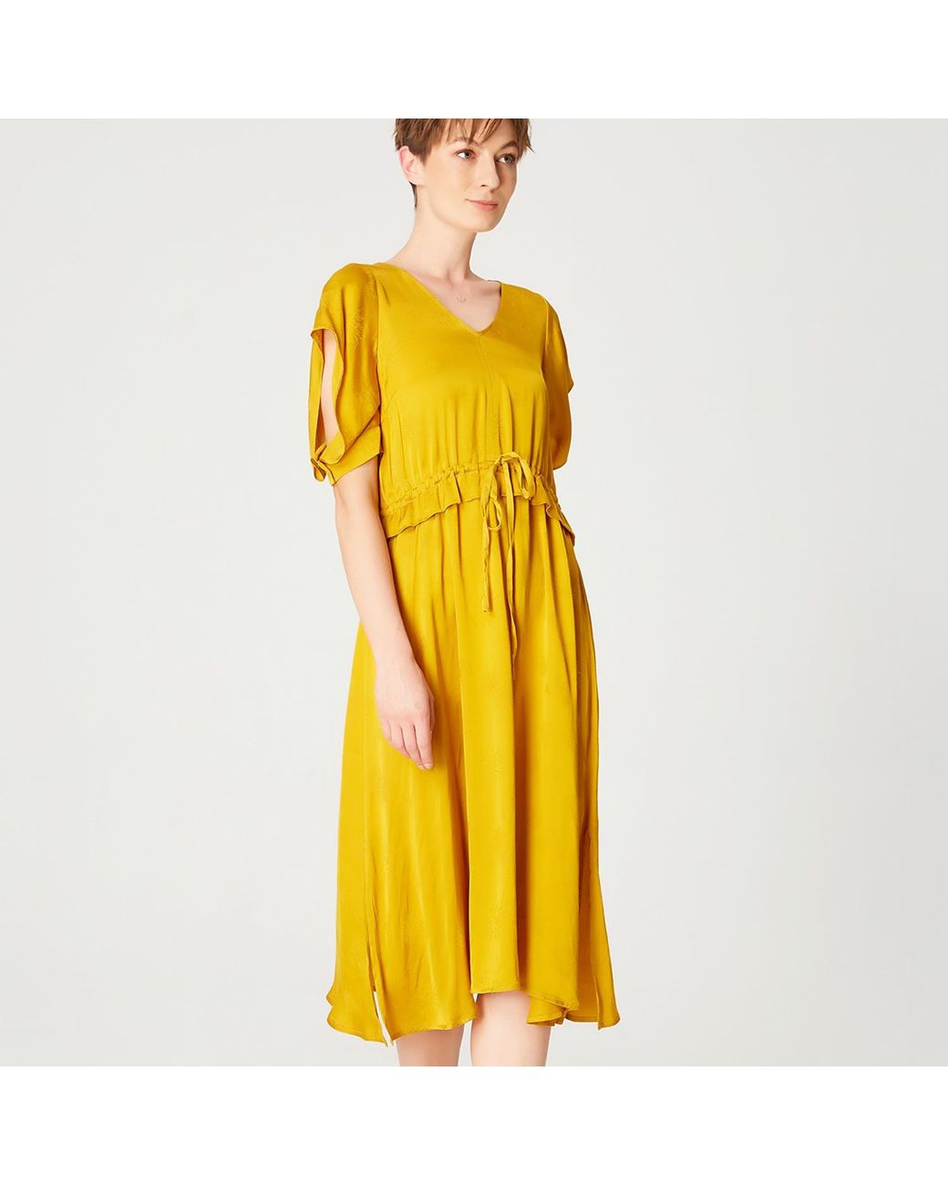 Smart and Joy Yellow V-Neckline Midi Dress With Drawstring Belt