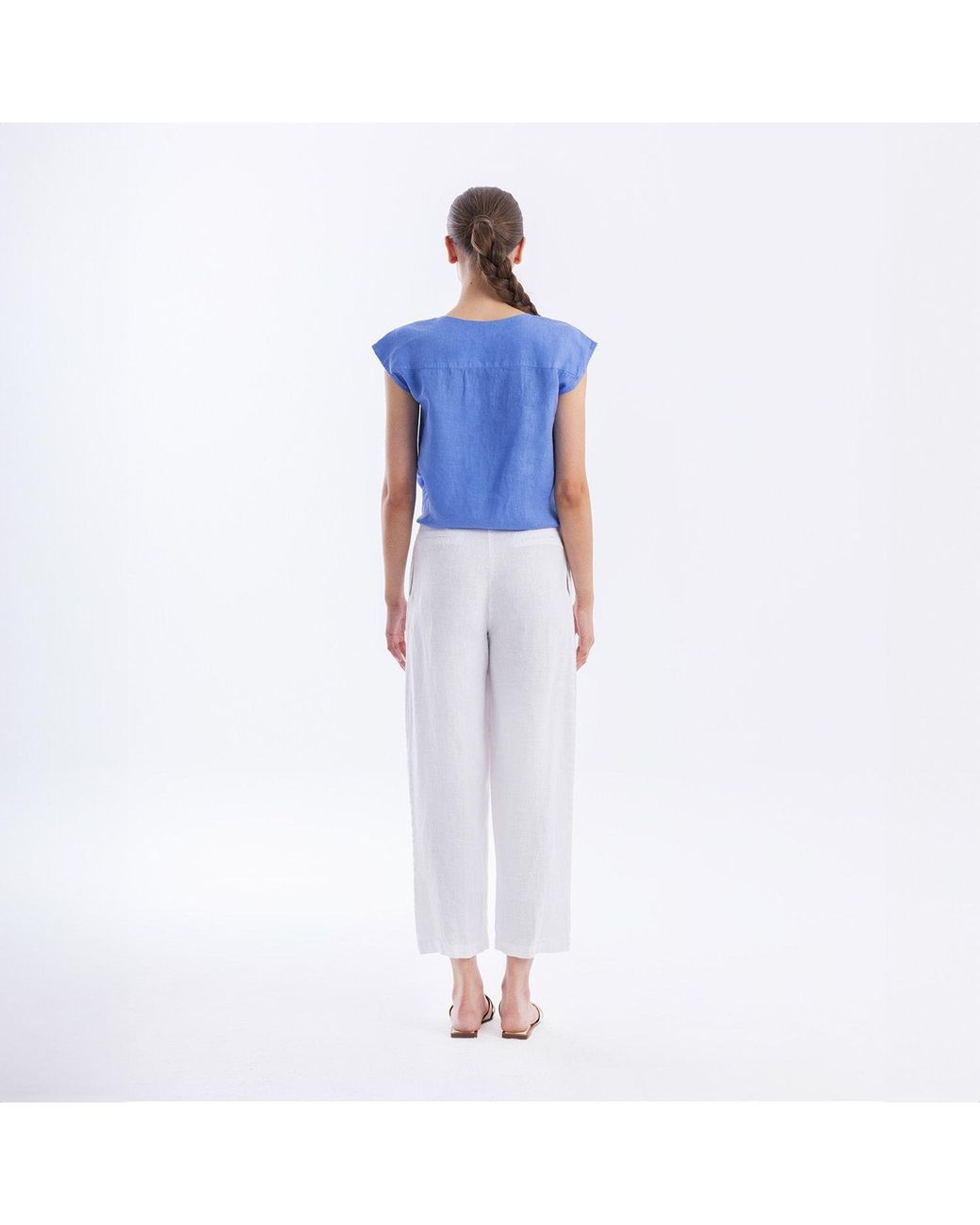 Haris Cotton Blue Linen Short Sleeve Blouse With Front Pleat Regatta