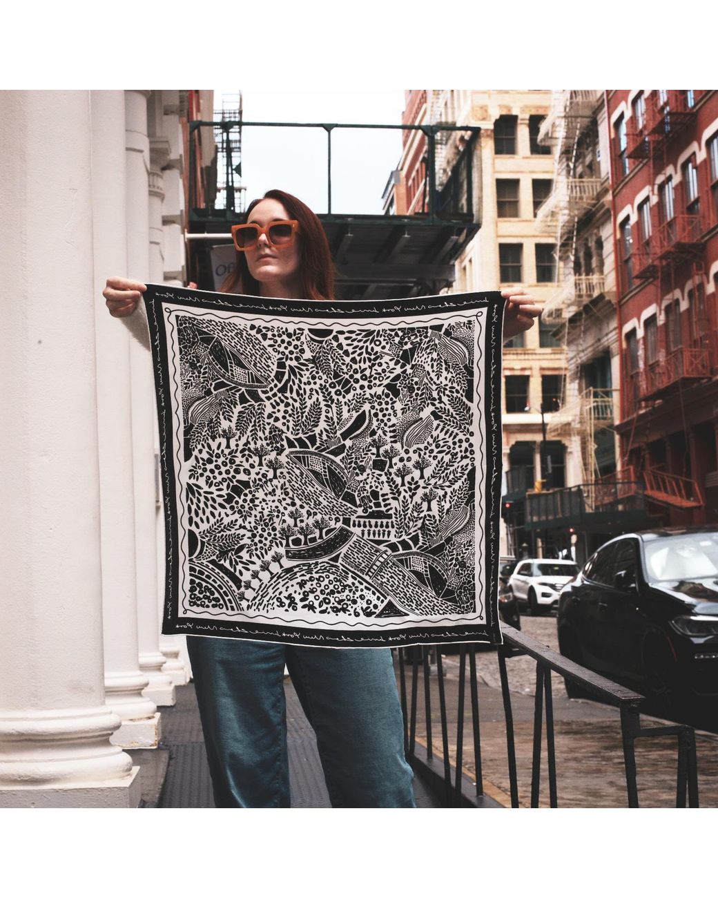 Jessie Zhao New York Black Double Sided Silk Scarf Of Garden