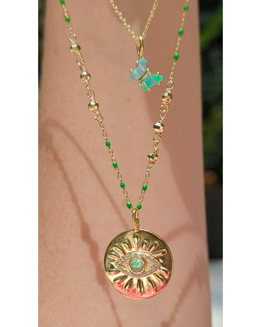 KAMARIA Metallic Evil Eye Opal Medallion Necklace