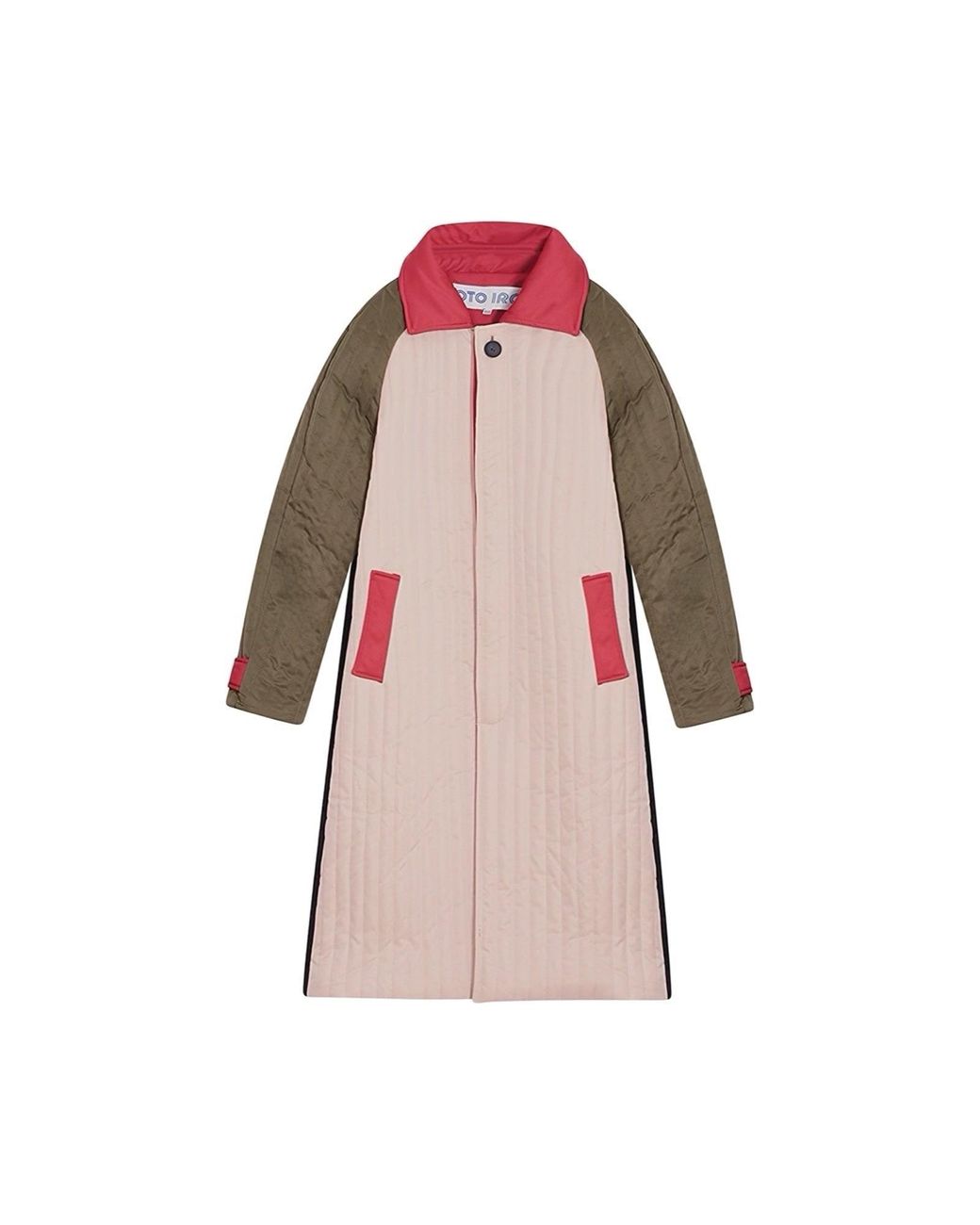 London Atelier Byproduct Pink Neutrals Khaki Patchwork Color Block Quilted Long Jacket