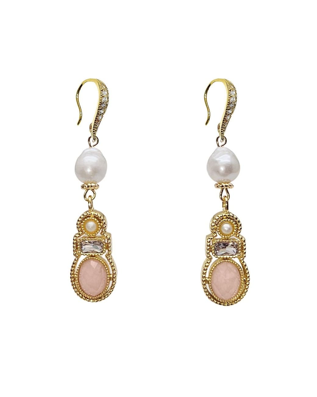 Farra Metallic Bohemian Rose Quartz & Freshwater Pearl Drop Earrings