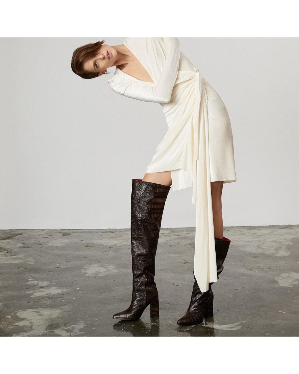 Rosamund Muir London Brown Roma Dark Crocodile Print Over Knee Boots