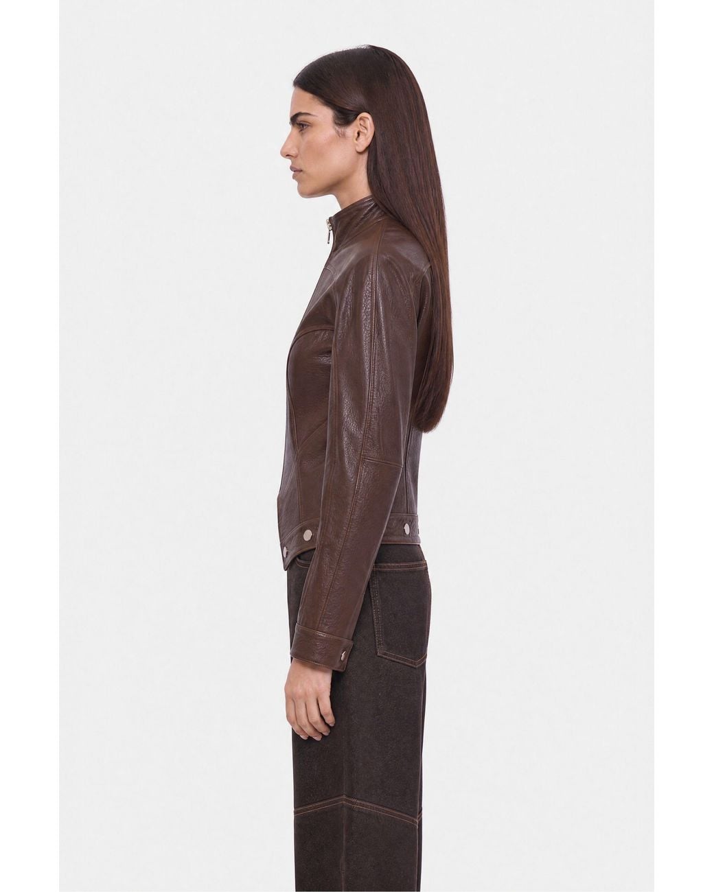 Nocturne Brown Stand Collar Leather Jacket